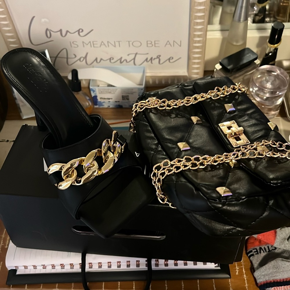 Black and Gold studded mule sandals with matching bag